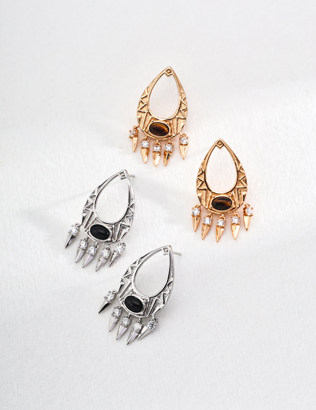 Sterling Silver Black Agate/Tiger's Eye Stone Vintage Earrings