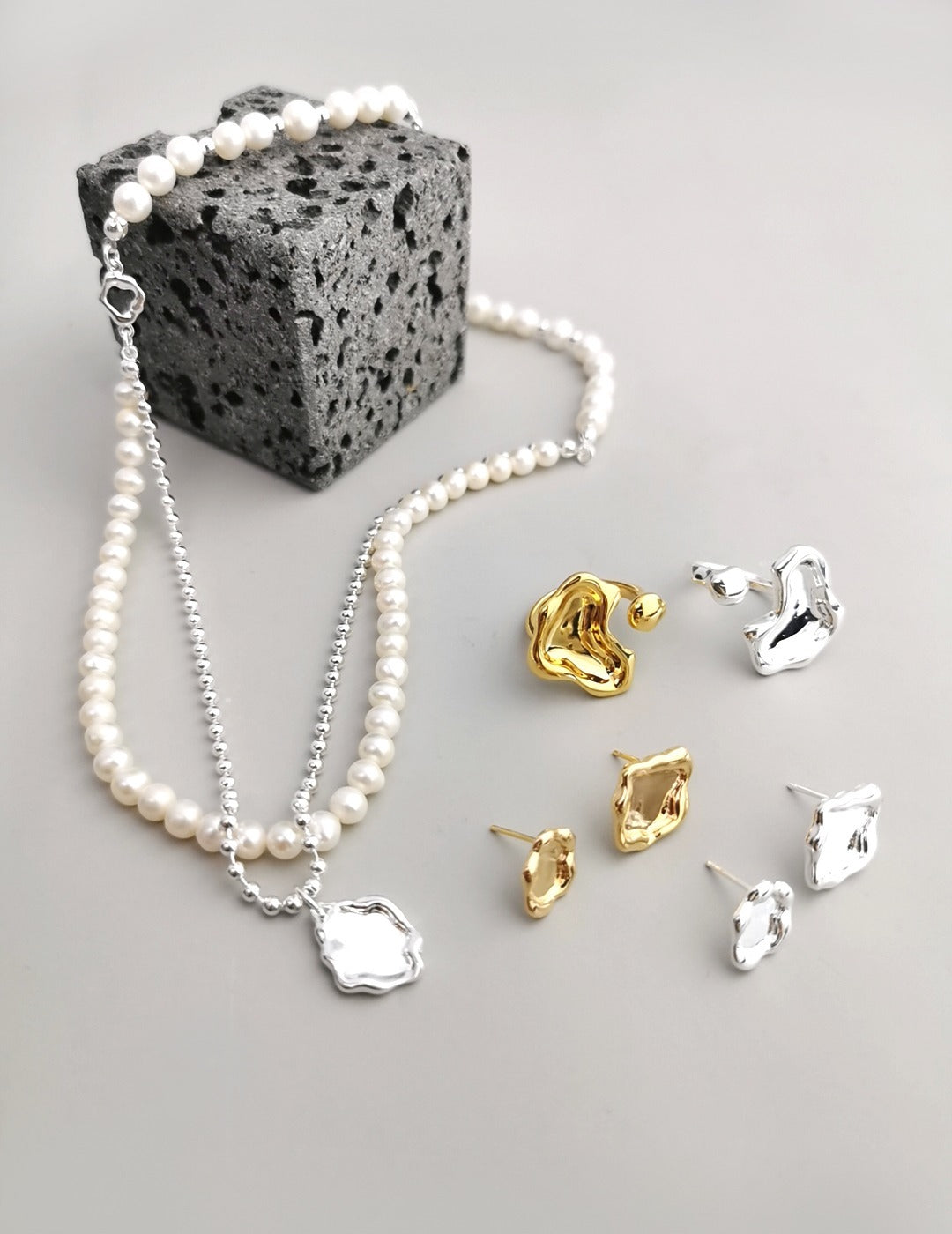 Mirror Design Sterling Silver Double-layer Pearl Necklace