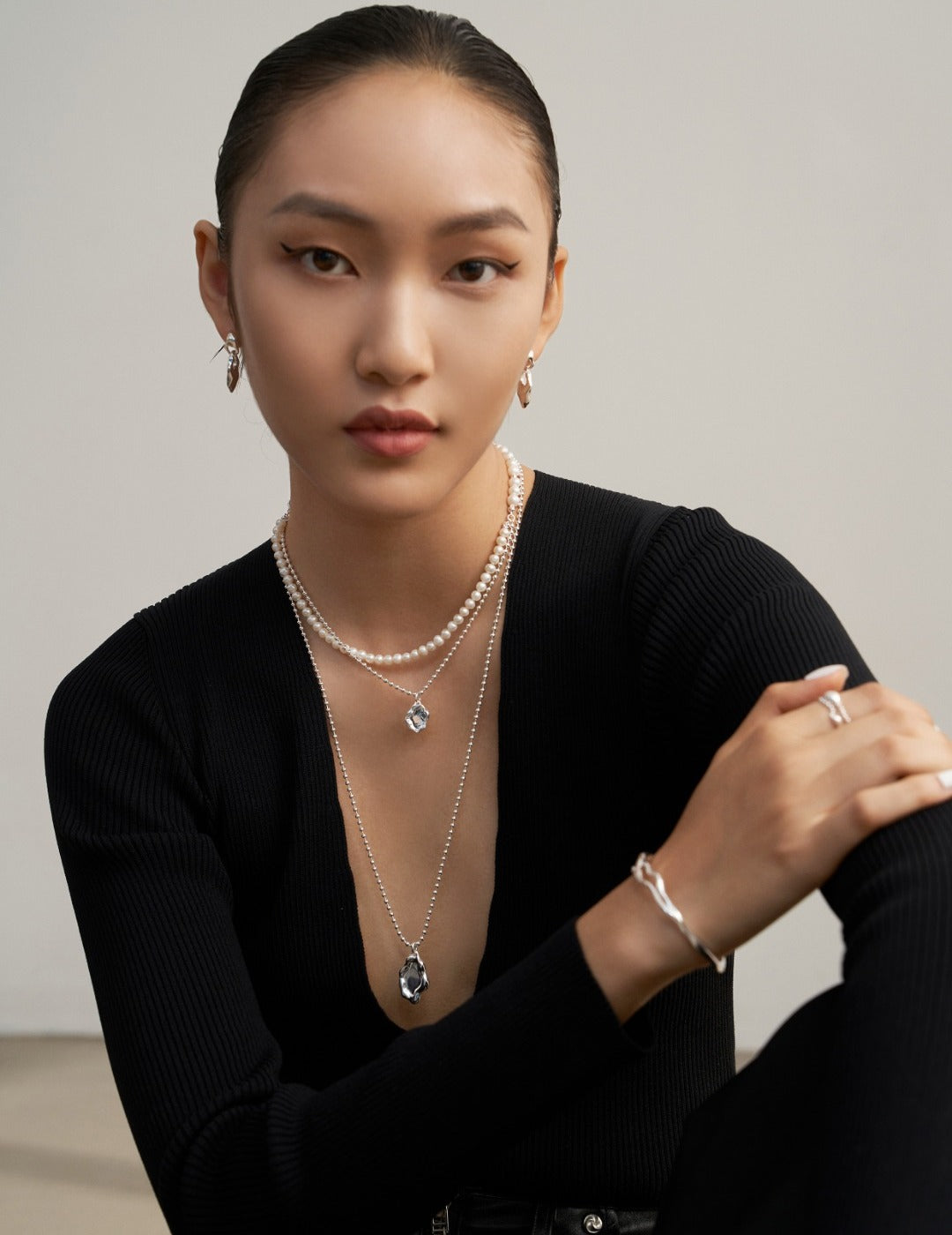 Mirror Design Sterling Silver Double-layer Pearl Necklace