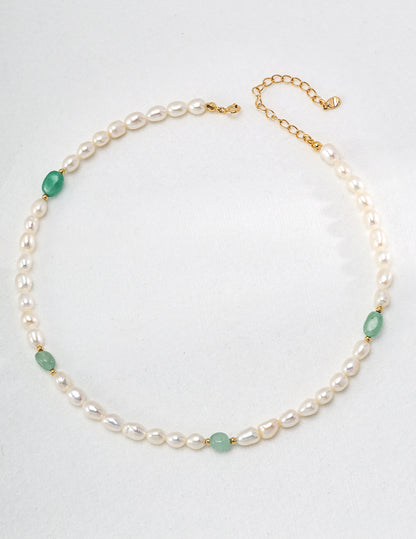 Elegant Pearl Necklace with Green Jade Accents