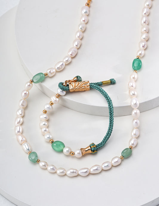 Elegant Pearl Necklace with Green Jade Accents