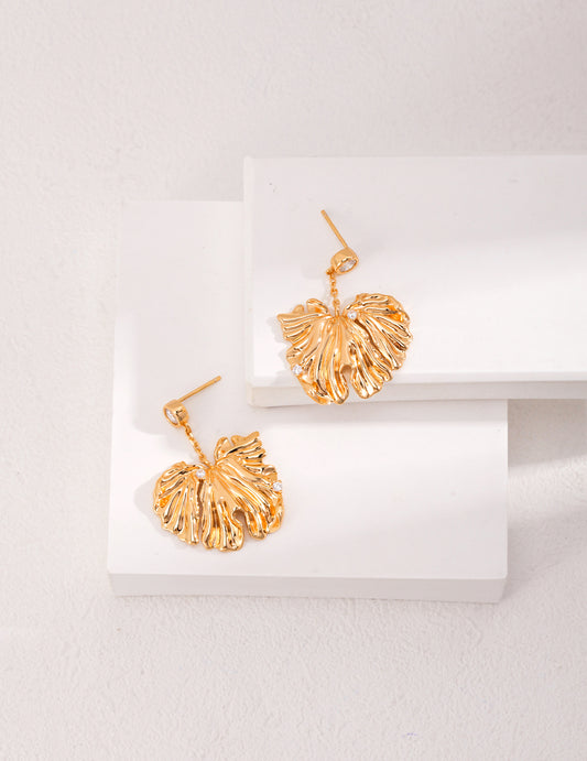 Sterling Silver Leaf-Shaped Gold Plated Earrings with Zircon