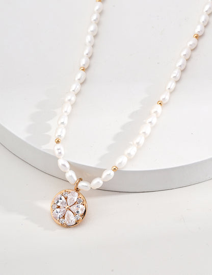 Pearl Necklace with Five-Petal  Flower Pendant