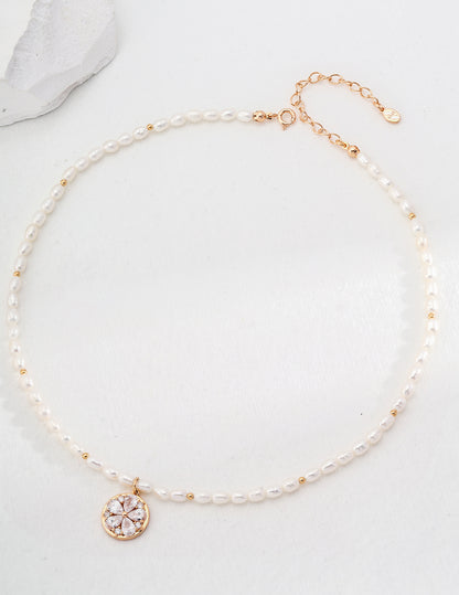 Pearl Necklace with Five-Petal  Flower Pendant