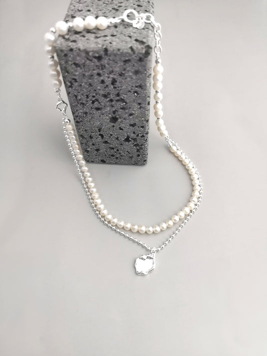 Mirror Design Sterling Silver Double-layer  Pearl Necklace