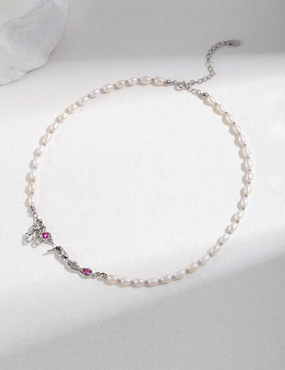 Ribbon Design Series Sterling Silver Pearl Necklace