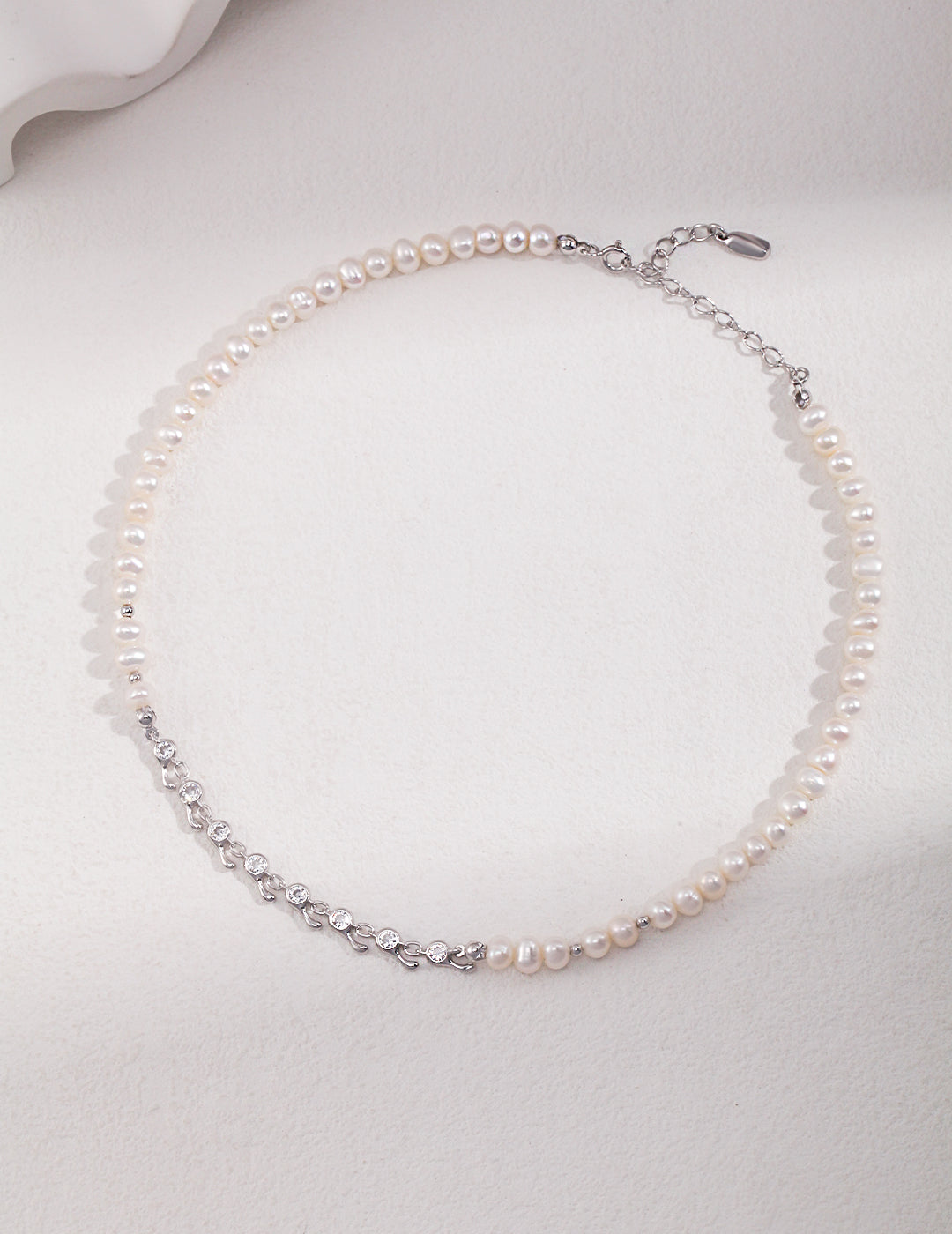 Sterling Silver With White Zircon Pearl Choker Necklace