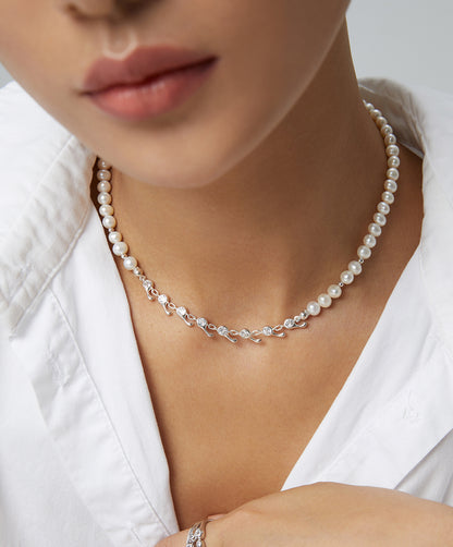 Sterling Silver With White Zircon Pearl Choker Necklace