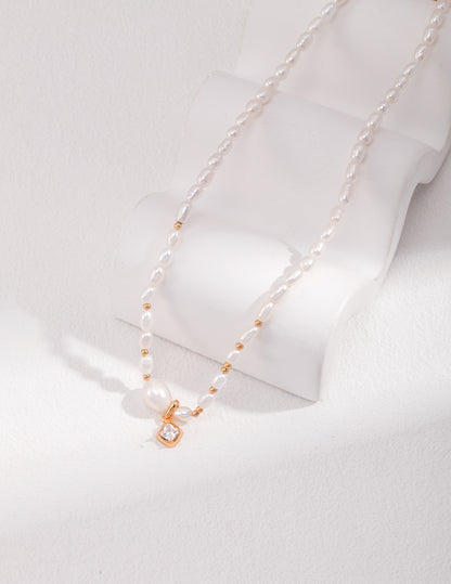 Sweet Heart Sterling Silver Zircon Pearl Necklace