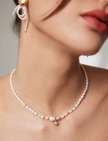 Sweet Heart Sterling Silver Zircon Pearl Necklace