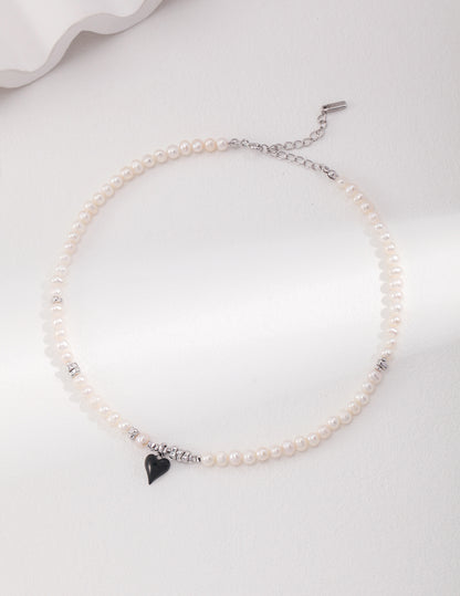 Freshwater Pearl Necklace with Unique Black Heart Accent