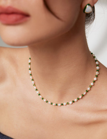 Sterling Silver Nature  Pearl and Emerald Necklace