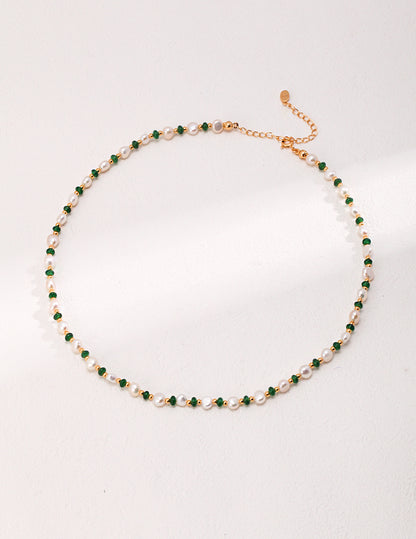 Sterling Silver Nature  Pearl and Emerald Necklace