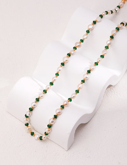 Sterling Silver Nature  Pearl and Emerald Necklace