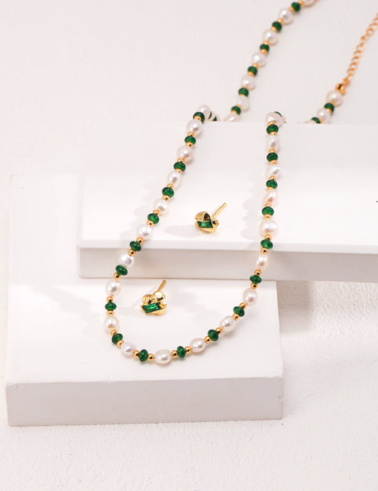 Sterling Silver Nature  Pearl and Emerald Necklace