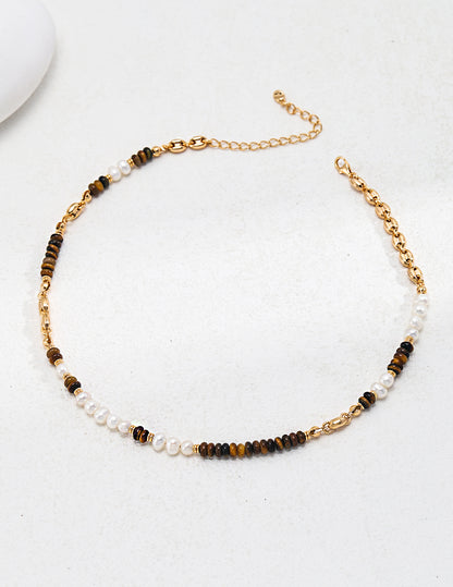 Tropical Style Sterling Silver Tiger's Eye Pearl Necklace