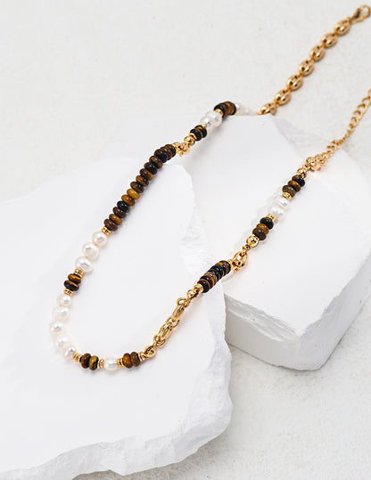 Tropical Style Sterling Silver Tiger's Eye Pearl Necklace