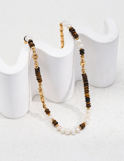 Tropical Style Sterling Silver Tiger's Eye Pearl Necklace