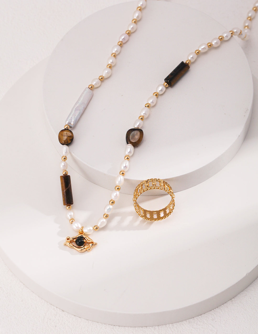 Clouds Tiger's  Eye Stone Pearl Necklace