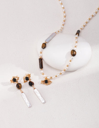 Clouds Tiger's  Eye Stone Pearl Necklace