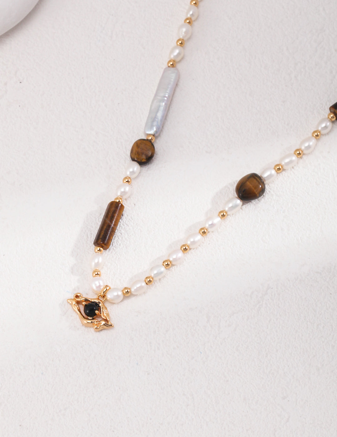 Clouds Tiger's  Eye Stone Pearl Necklace