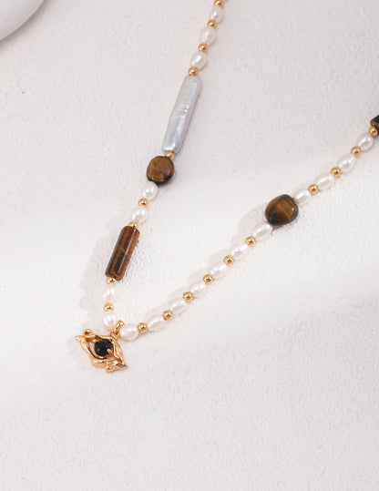 Clouds Tiger's  Eye Stone Pearl Necklace