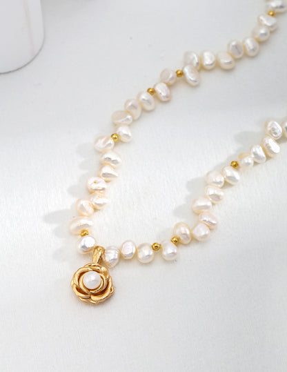 Wedding Jewelry-Sterling Silver Pearl Camellia Pendant Necklace