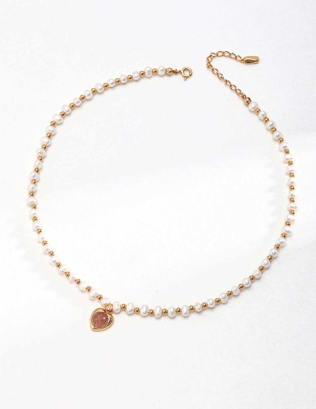 Natural Strawberry Quartz Pearl Necklace – Freshwater Pearl Choker with Heart Pendant