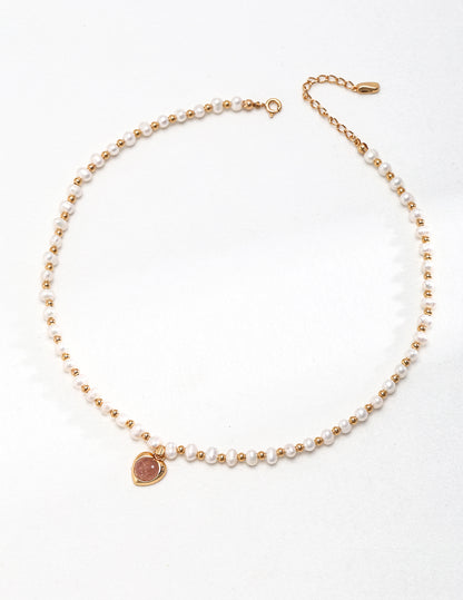 Natural Strawberry Quartz Pearl Necklace – Freshwater Pearl Choker with Heart Pendant