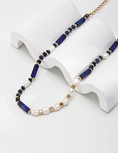 Neutral Style Sterling Silver Lapis Lazuli Pearl Necklace