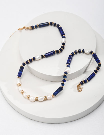 Neutral Style Sterling Silver Lapis Lazuli Pearl Necklace