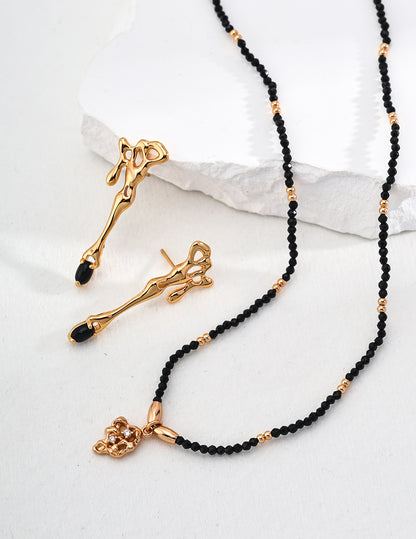 Black Crystal and Gold-Plated Silver Necklace with Cubic Zircon