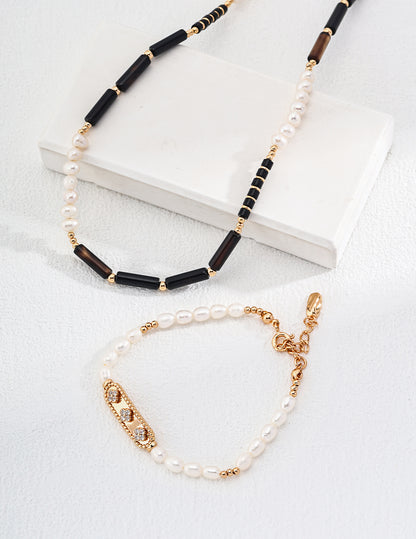 Elegant Black Agate  Pearl Necklace