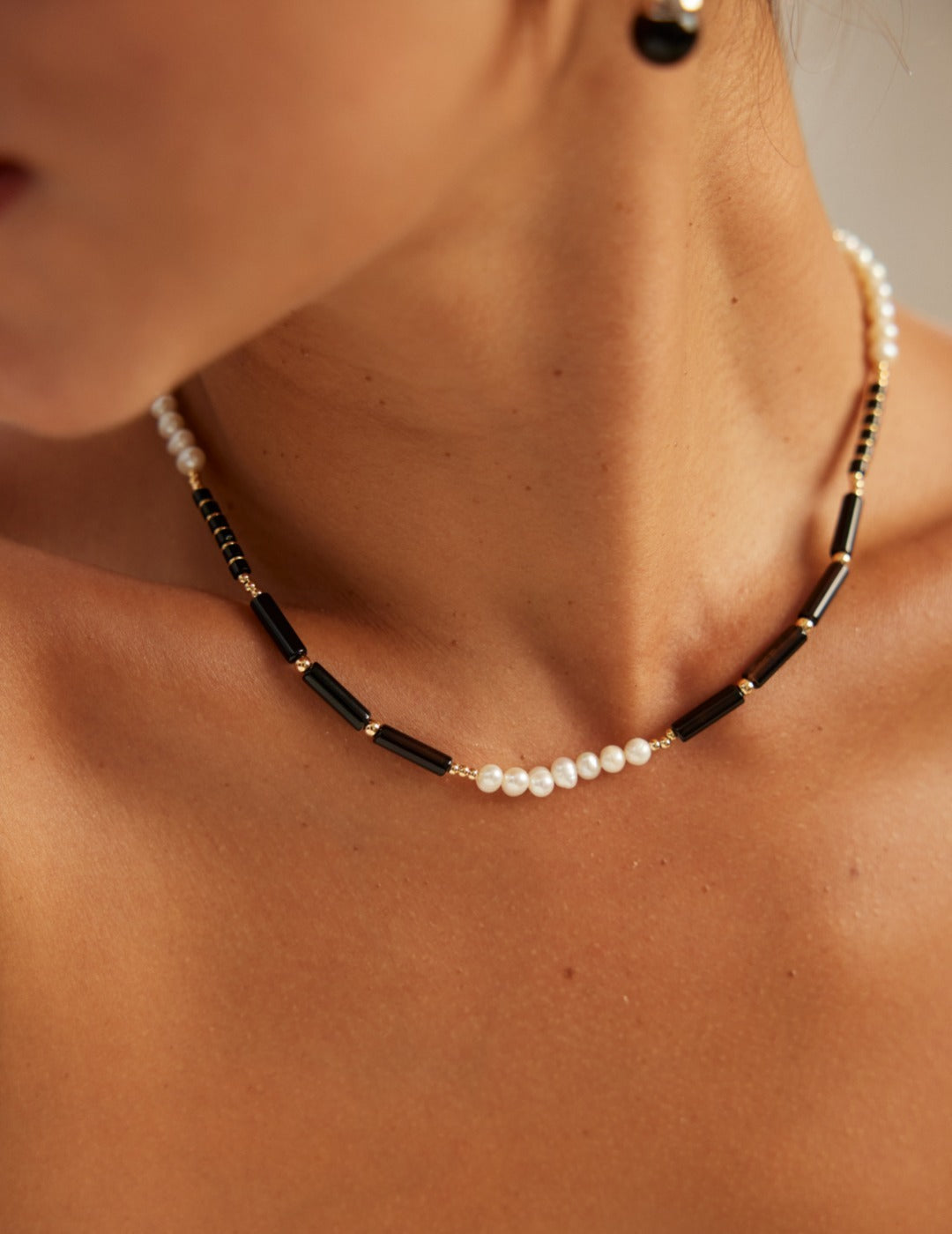 Elegant Black Agate  Pearl Necklace