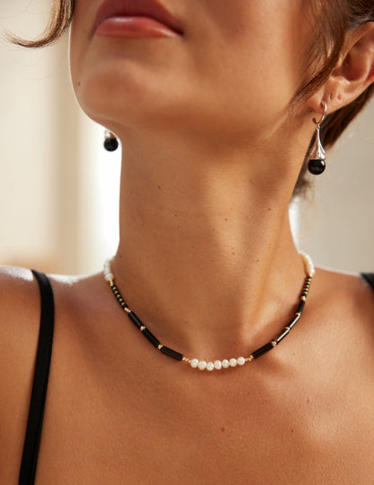 Elegant Black Agate  Pearl Necklace