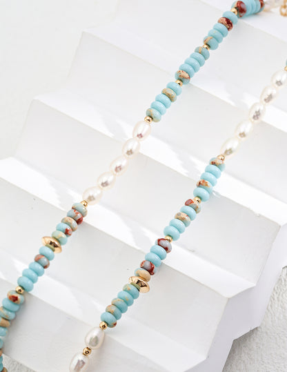 Light Blue Sterling Silver Shoushan Stone Pearl Necklace