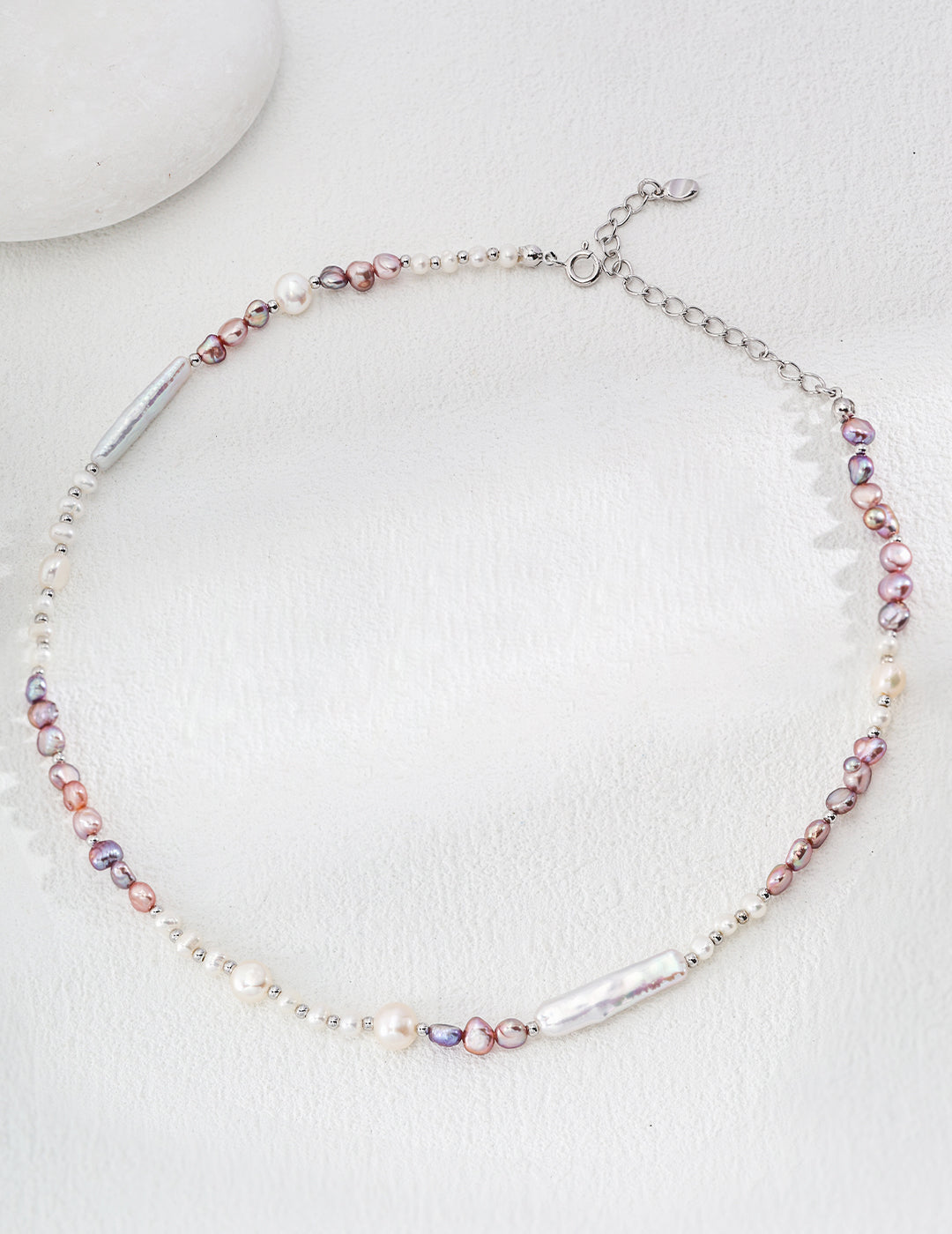 Platinum Pearl Necklace Adorned with Purple and Pink Pearls