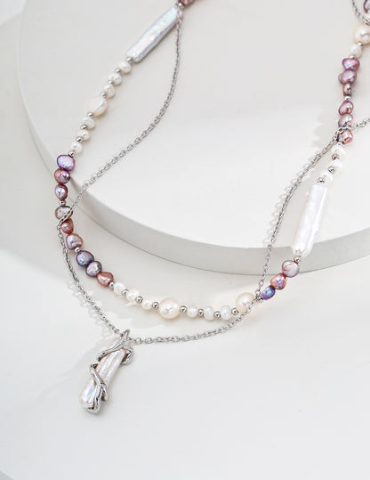 Platinum Pearl Necklace Adorned with Purple and Pink Pearls