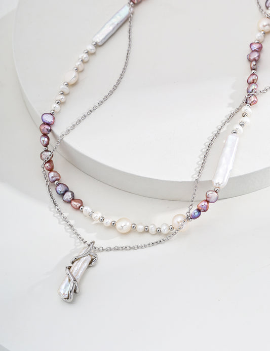 Platinum Pearl Necklace Adorned with Purple and Pink Pearls