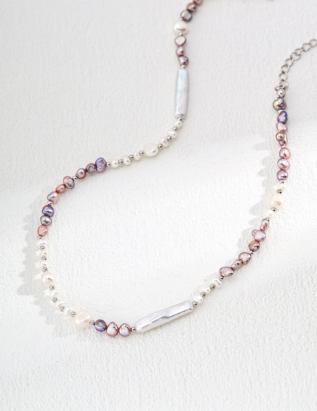 Platinum Pearl Necklace Adorned with Purple and Pink Pearls