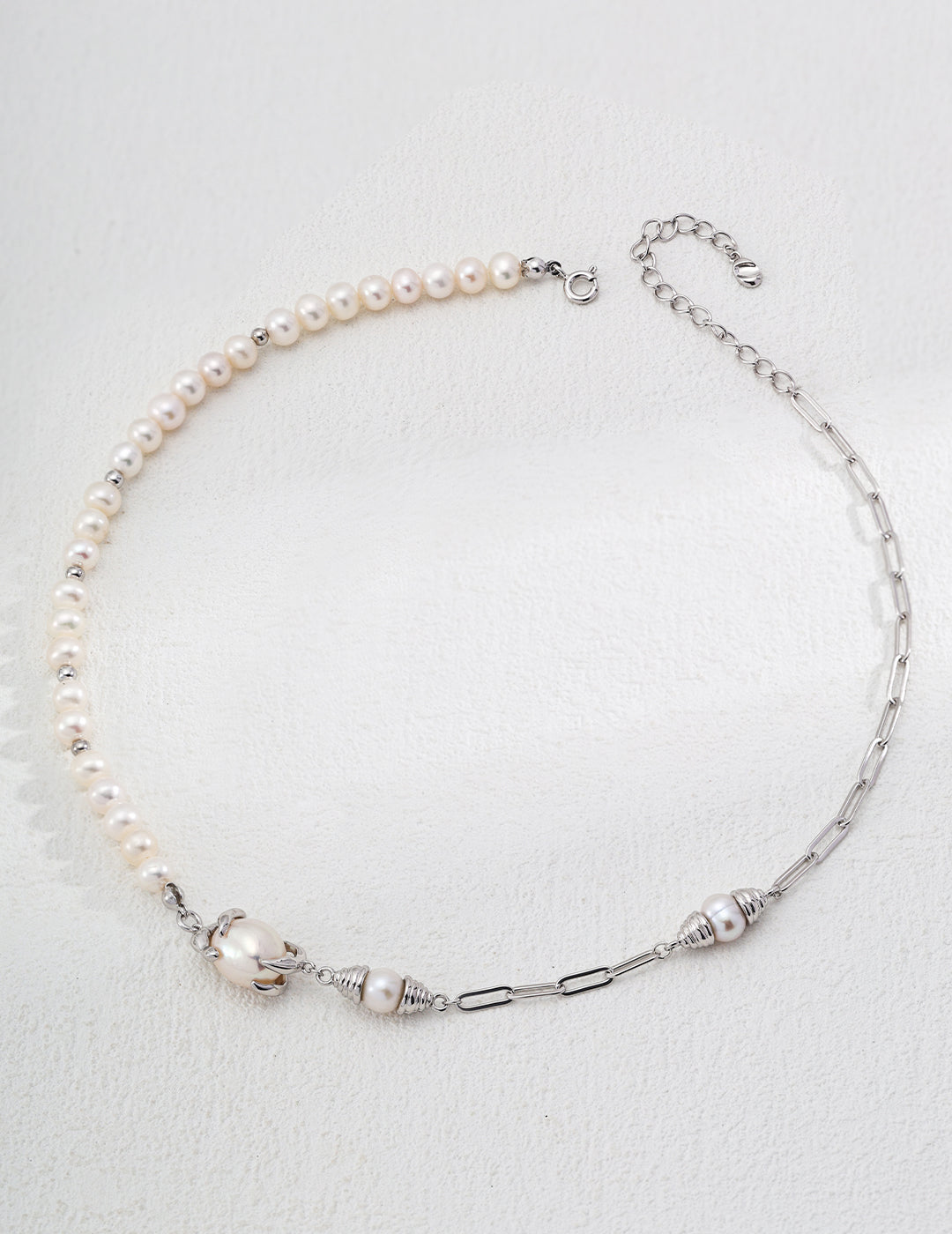 Half Pearl Half Paperclip Chain Necklace with Baroque Drop