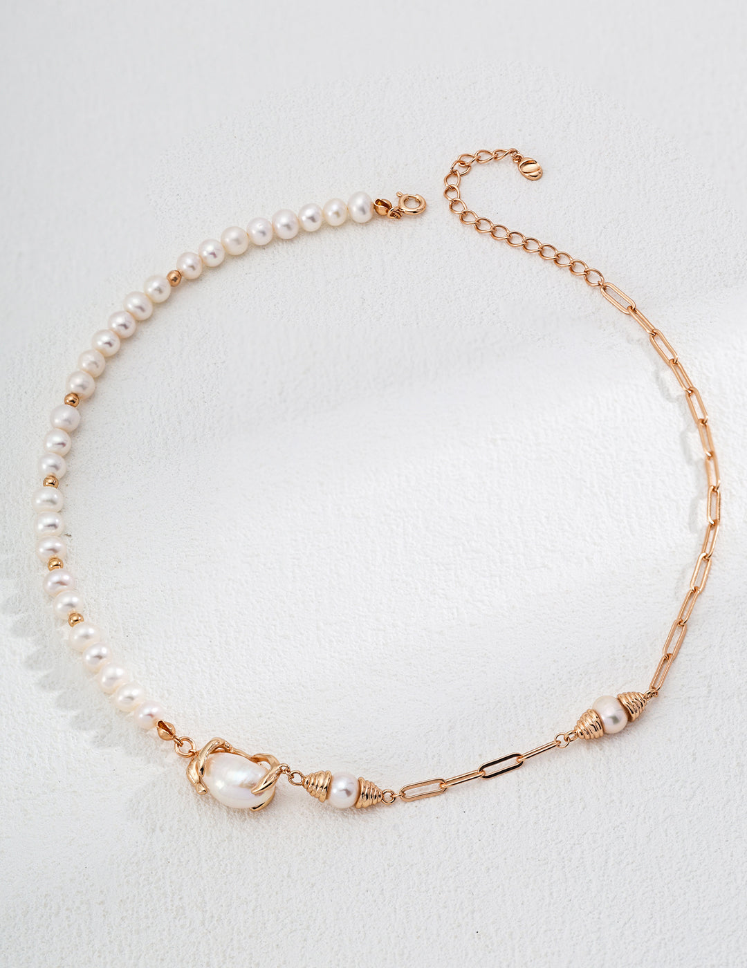 Half Pearl Half Paperclip Chain Necklace with Baroque Drop