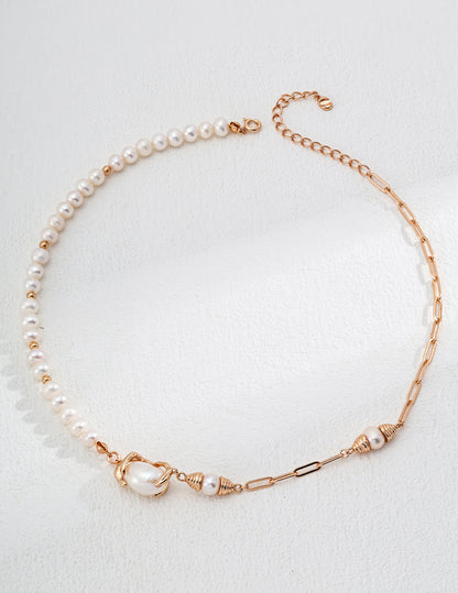 Half Pearl Half Paperclip Chain Necklace with Baroque Drop