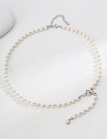 S925 Silver Pearl Necklace with Sparkling Zircon Details