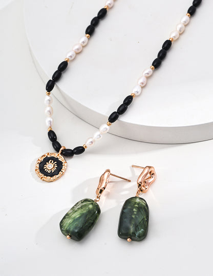 Sterling Silver Pearl Necklace with Black Onyx and Zircon Enamel Pendant