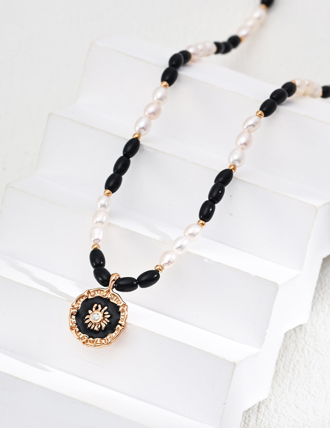 Sterling Silver Pearl Necklace with Black Onyx and Zircon Enamel Pendant