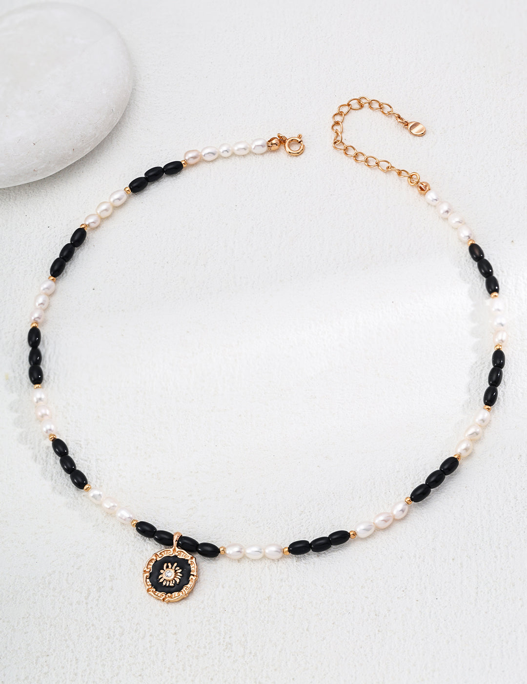 Sterling Silver Pearl Necklace with Black Onyx and Zircon Enamel Pendant