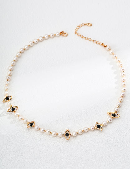 Elegant S925 Silver Necklace with Natural Pearls and Black Onyx