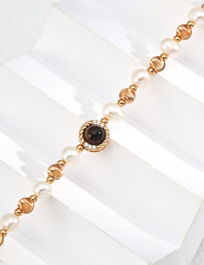 Pearl Necklace with Gold Beads and Tiger's Eye Pendant – Classic Meets Boho