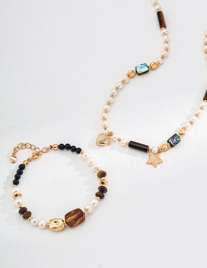 Natural Pearl Necklace with Tiger Eye, Abalone Shell, and S925 Silver Heart & Star Charms